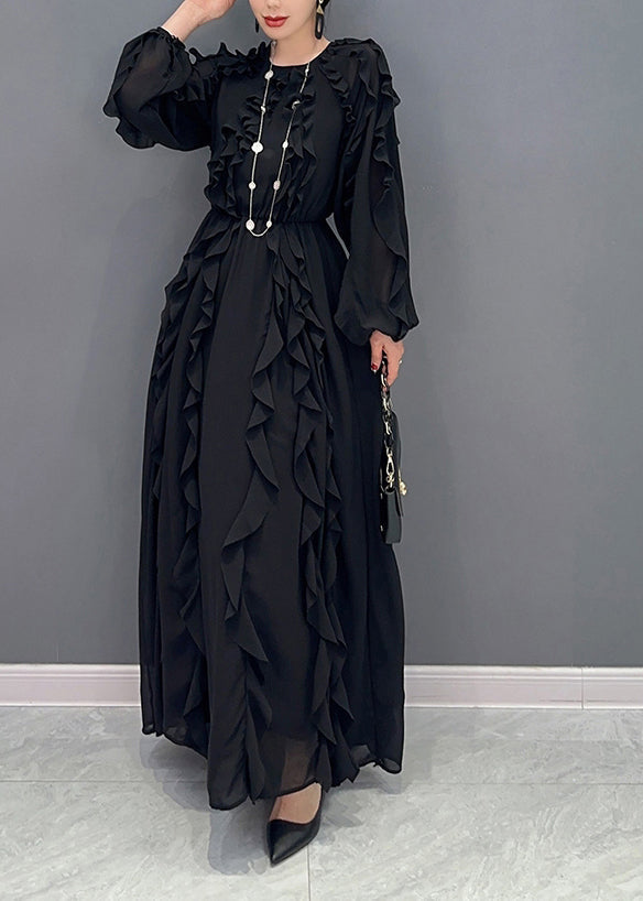 Elegant Black Ruffles Cinched Chiffon Maxi Dresses Spring