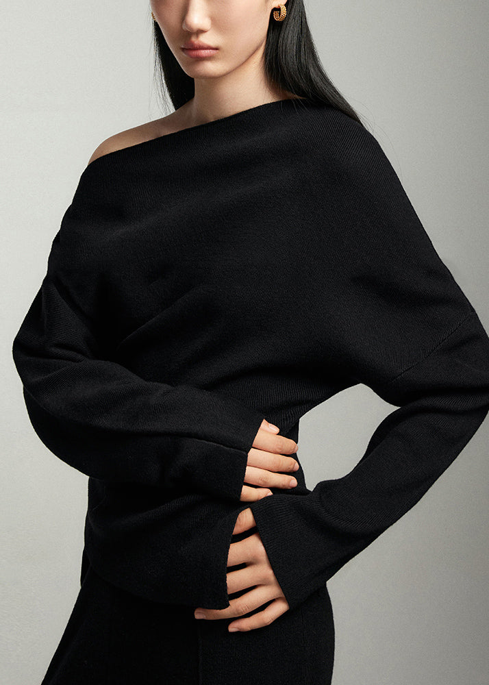 Elegant Black Slash Neck Woolen Sweaters Batwing Sleeve