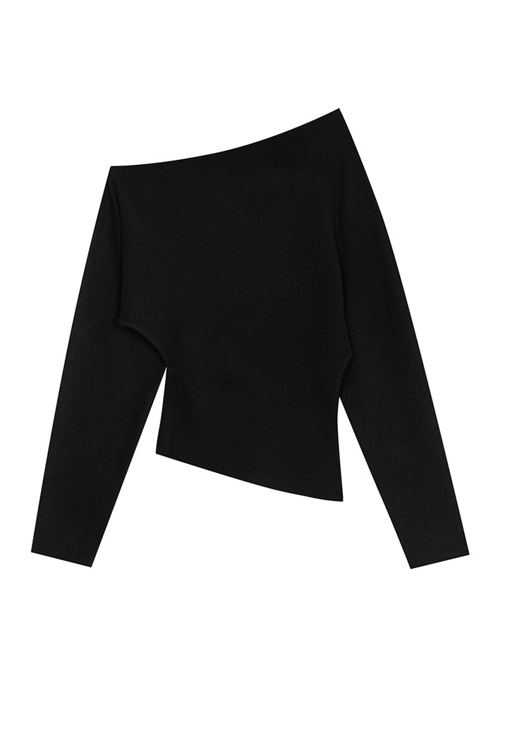 Elegant Black Slash Neck Woolen Sweaters Batwing Sleeve