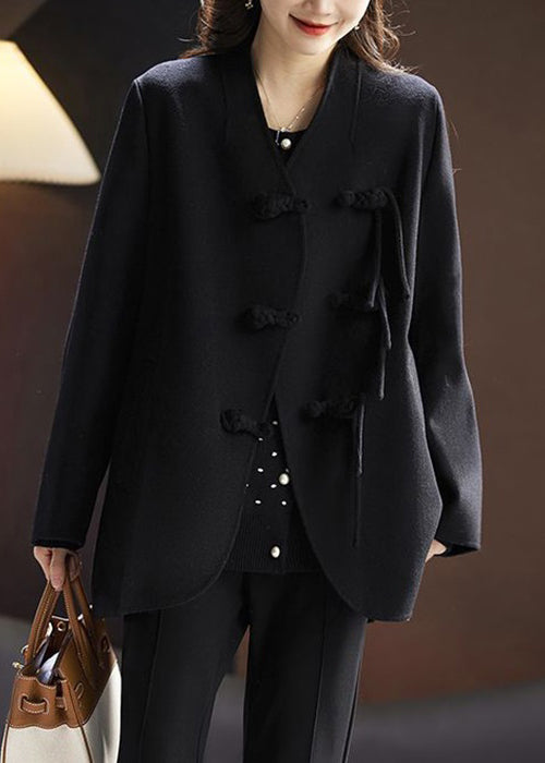 Elegant Black Solid Chinese Button Wool Coats Spring