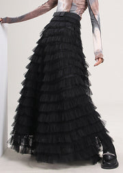 Elegant Black Solid High Waist Tulle Pleated Skirt Spring