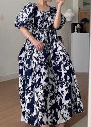 Elegant Black Square Collar Print Cotton Long Dress Summer