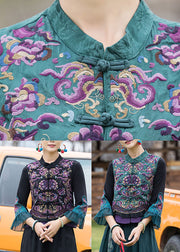 Elegant Black Stand Collar Embroideried Floral Linen Waistcoat Fall