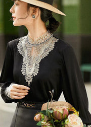 Elegant Black Stand Collar Embroideried Hollow Out Chiffon Blouse Tops Long Sleeve