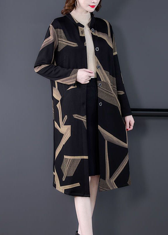 Elegant Black Stand Collar Oversized Print Coat Outwear Long Sleeve