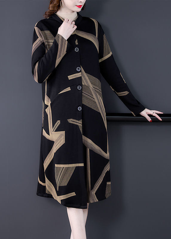 Elegant Black Stand Collar Oversized Print Coat Outwear Long Sleeve