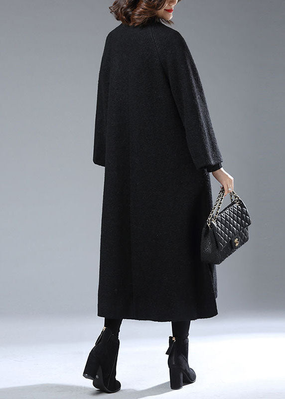 Elegant Black Stand Collar Oversized Print Woolen Coats Winter