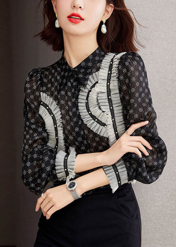 Elegant Black Stand Collar Ruffled Patchwork Print Chiffon Shirts Long Sleeve