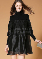 Elegant Black Turtle Neck Nail Bead Patchwork Organza Knit Dresses Spring