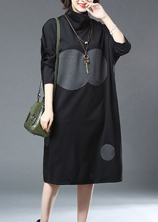 Elegant Black Turtleneck Dot Print Patchwork Cotton Dresses Fall