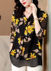 Elegant Black V Neck Bow Print layered Silk Shirt Half Sleeve