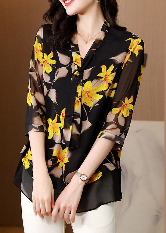 Elegant Black V Neck Bow Print layered Silk Shirt Half Sleeve