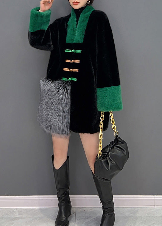 Elegant Black V Neck Button Mink Velvet Thick Coats Winter