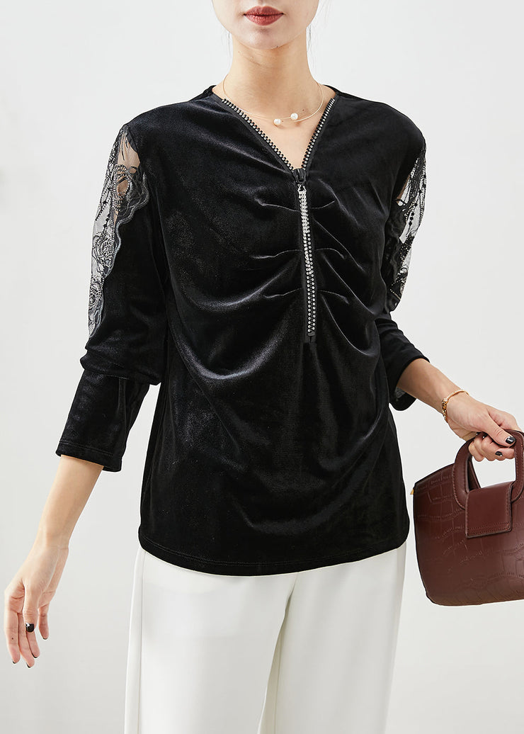 Elegant Black V Neck Hollow Out Silk Velour Blouses Fall