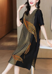 Elegant Black V Neck Leaf Print Side Open Silk Long Dress Summer