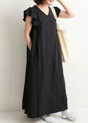 Elegant Black V Neck Patchwork Ruffled Cotton Maxi Dresses Summer