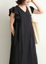 Elegant Black V Neck Patchwork Ruffled Cotton Maxi Dresses Summer