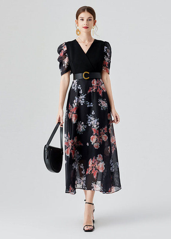 Elegant Black V Neck Print Sashes Patchwork Chiffon Long Dresses Puff Sleeve