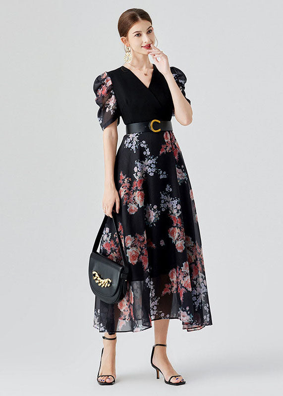 Elegant Black V Neck Print Sashes Patchwork Chiffon Long Dresses Puff Sleeve