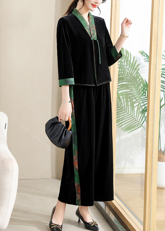 Elegant Black V Neck Print Silk Patchwork Velour Top And Wide Leg Pants Two Piece Set Long Sleeve