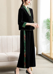 Elegant Black V Neck Print Silk Patchwork Velour Top And Wide Leg Pants Two Piece Set Long Sleeve