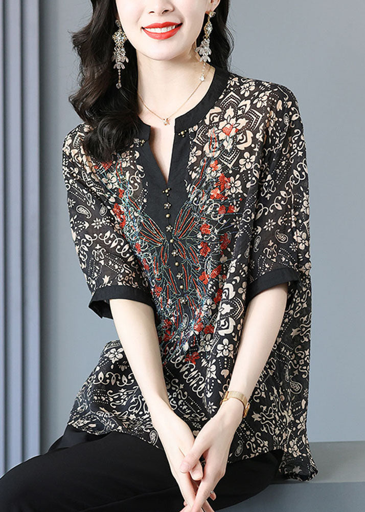 Elegant Black V Neck Print Silk Shirt For Women Short Sleeve