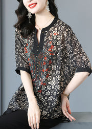 Elegant Black V Neck Print Silk Shirt For Women Short Sleeve