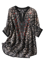 Elegant Black V Neck Print Silk Shirt For Women Short Sleeve