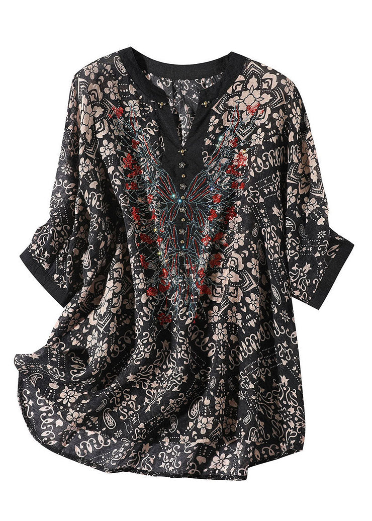 Elegant Black V Neck Print Silk Shirt For Women Short Sleeve