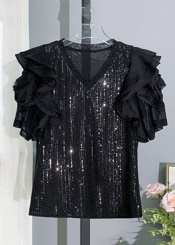 Elegant Black V Neck Sequins Patchwork Chiffon T Shirt Summer