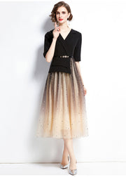 Elegant Black V Neck Sequins Tulle Patchwork Spandex Dresses Summer