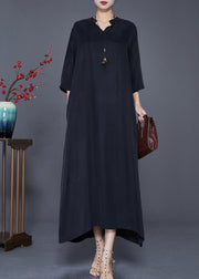 Elegant Black V Neck Side Open Silk Dresses Bracelet Sleeve