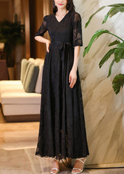 Elegant Black V Neck Tie Waist Chiffon Maxi Dresses Summer