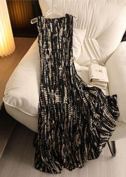 Elegant Black V Neck Wrinkled Cotton Long Dress Sleeveless