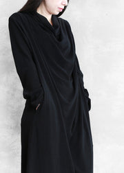 Elegant Black Velour Blended Cozy Draping Long Dresses Spring