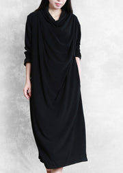 Elegant Black Velour Blended Cozy Draping Long Dresses Spring