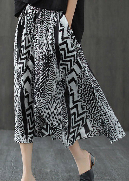 Elegant Black White Print Patchwork Pockets Elastic Waist Linen Skirt Summer