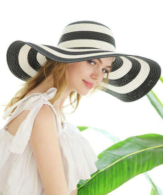 Elegant Black White Striped Straw Woven Holiday Floppy Sun Hat