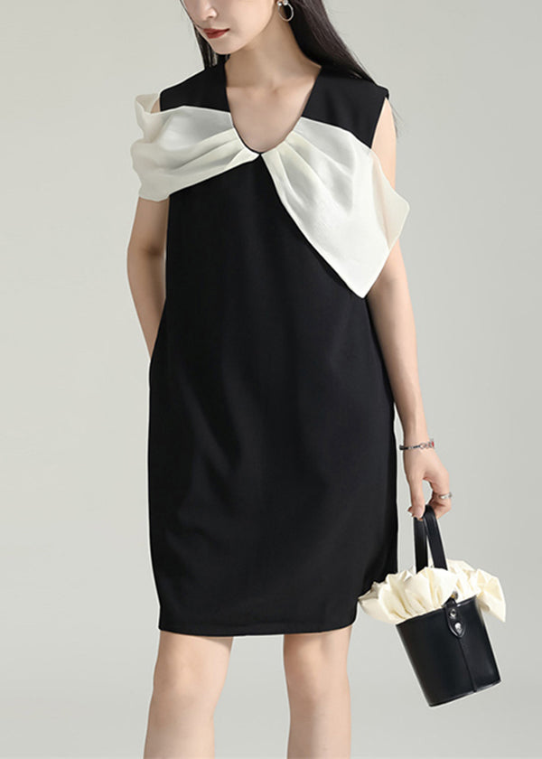 Elegant Black Wrinkled Patchwork Cotton Mid Dress Sleeveless