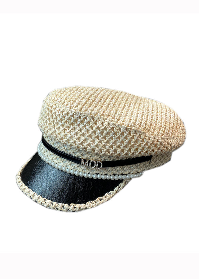 Elegant Black Zircon Nail Bead Straw Woven Beret Hat