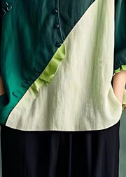 Elegant Blackish Green Button Patchwork Linen Top Butterfly Sleeve