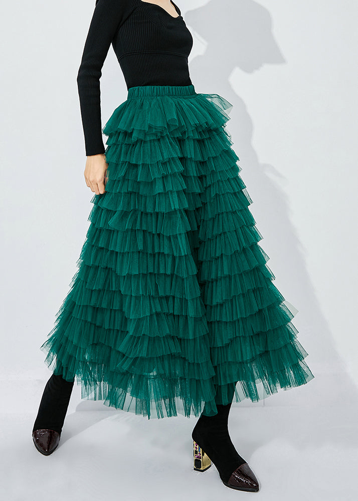 Elegant Blackish Green High Waist Layered Tulle Skirts Summer