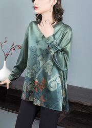 Elegant Blackish Green O Neck Print Patchwork Silk Top Fall