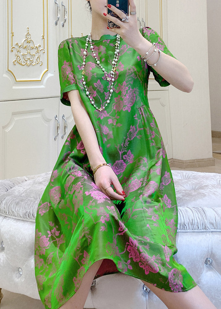 Elegant Blackish Green O-Neck Print Wrinkled Silk Dresses Short Sleeve