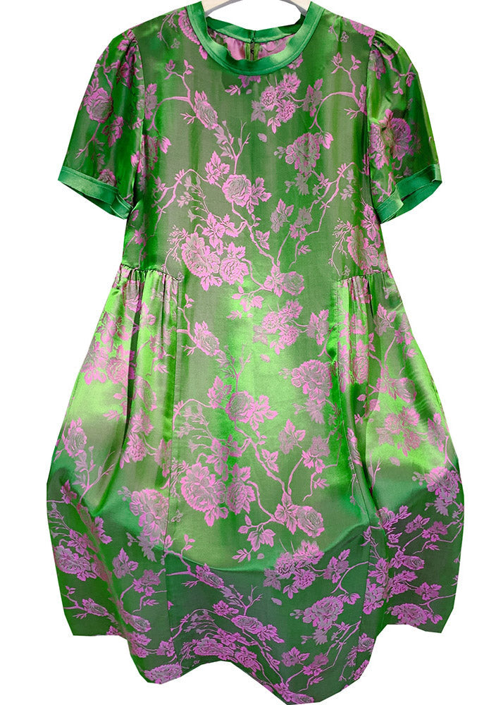 Elegant Blackish Green O-Neck Print Wrinkled Silk Dresses Short Sleeve