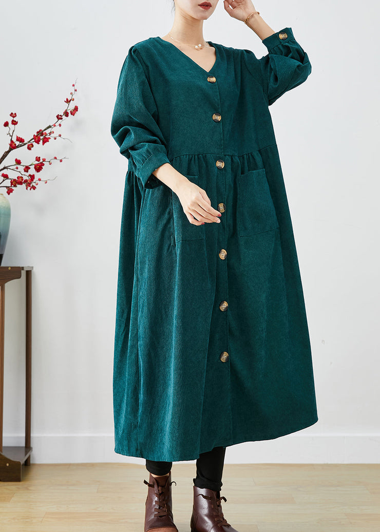 Elegant Blackish Green Oversized Pockets Corduroy Trench Fall