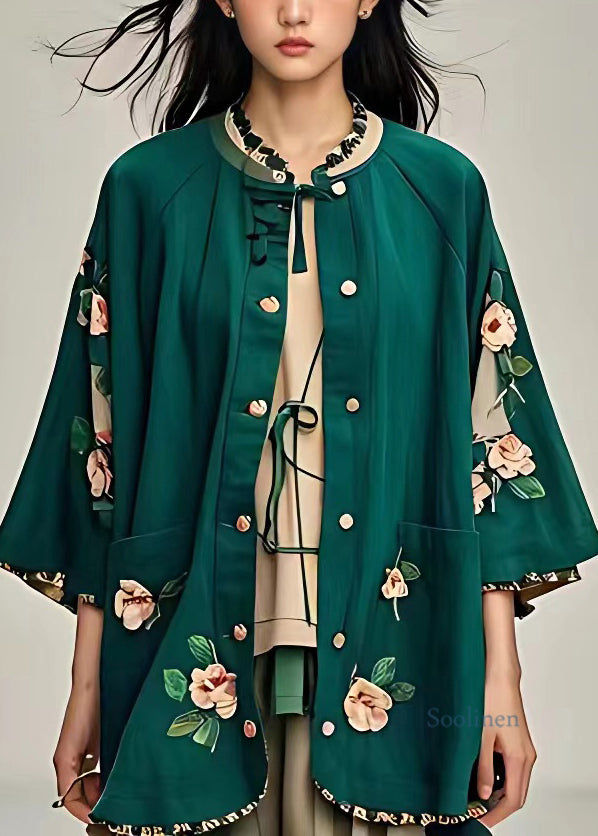 Elegant Blackish Green Ruffled Floral Button Coats Fall