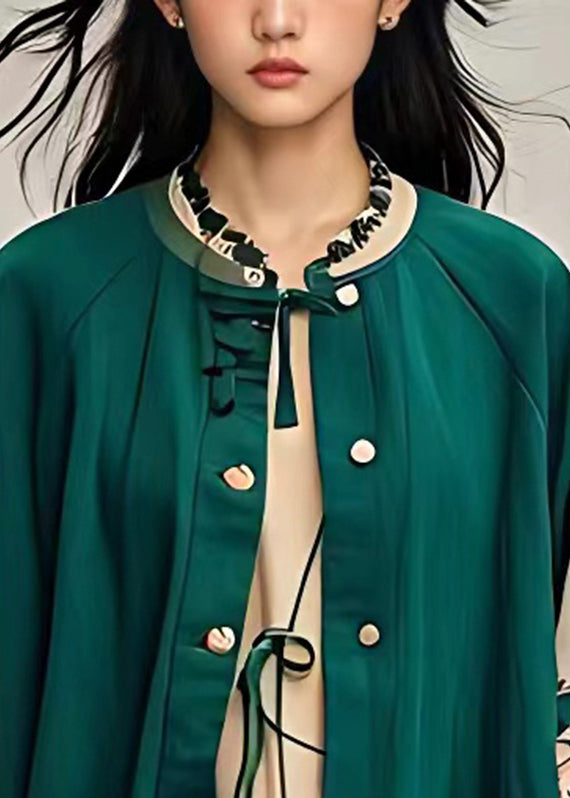 Elegant Blackish Green Ruffled Floral Button Coats Fall