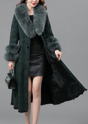 Elegant Blackish Green Slim Fit Faux Rabbit Leather And Fur Coats Winter