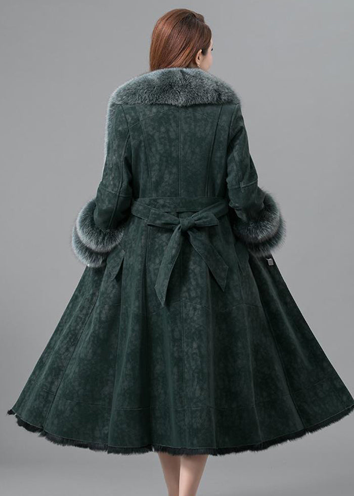 Elegant Blackish Green Slim Fit Faux Rabbit Leather And Fur Coats Winter